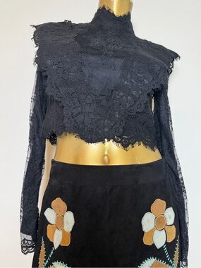 ELLIE MAKIR New York Black French lace high-neck long sleeve crop top size XS